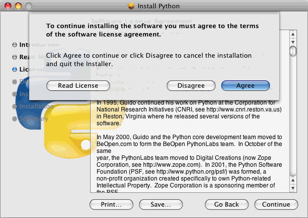 [Python installer: dialog to accept license agreement]