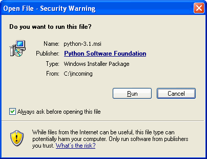 [Windows dialog: open file security warning]