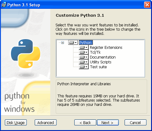 [Python installer: customize Python 3.1]