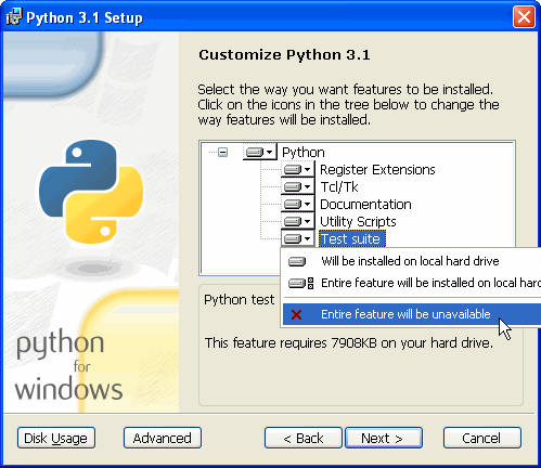 [Python installer: removing Test Suite option will save 7908KB on your hard drive]