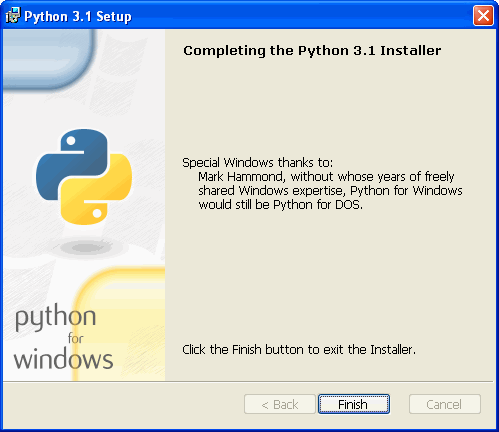 [Python installer: installation completed. Special Windows thanks to Mark Hammond, without whose years of freely shared Windows expertise, Python for Windows would still be Python for DOS.]